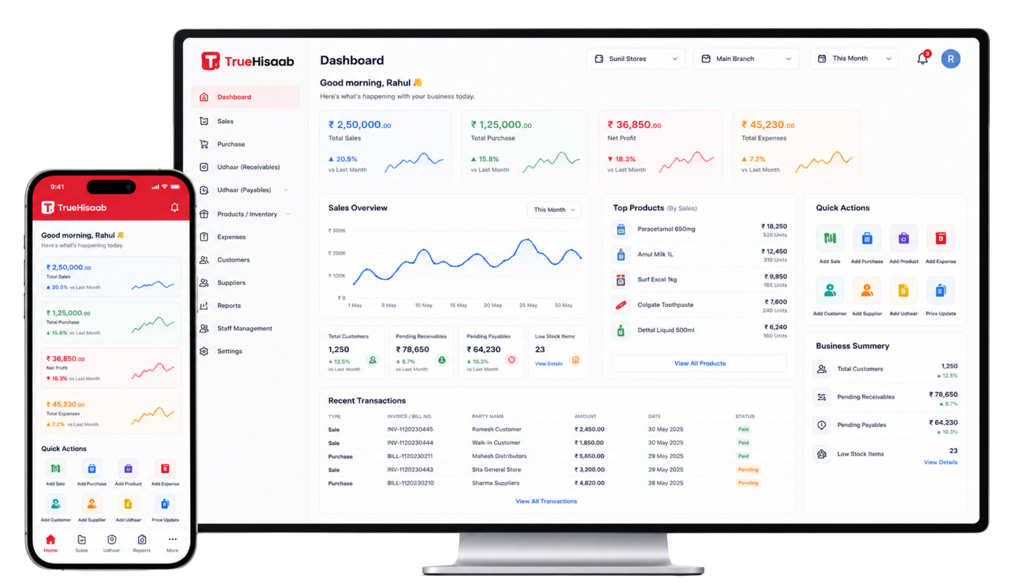 TrueHisaab Live Dashboard Mockup